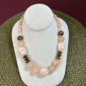 Vintage Chunky Necklace Pink Peach Beads With Bronze Colored Accents